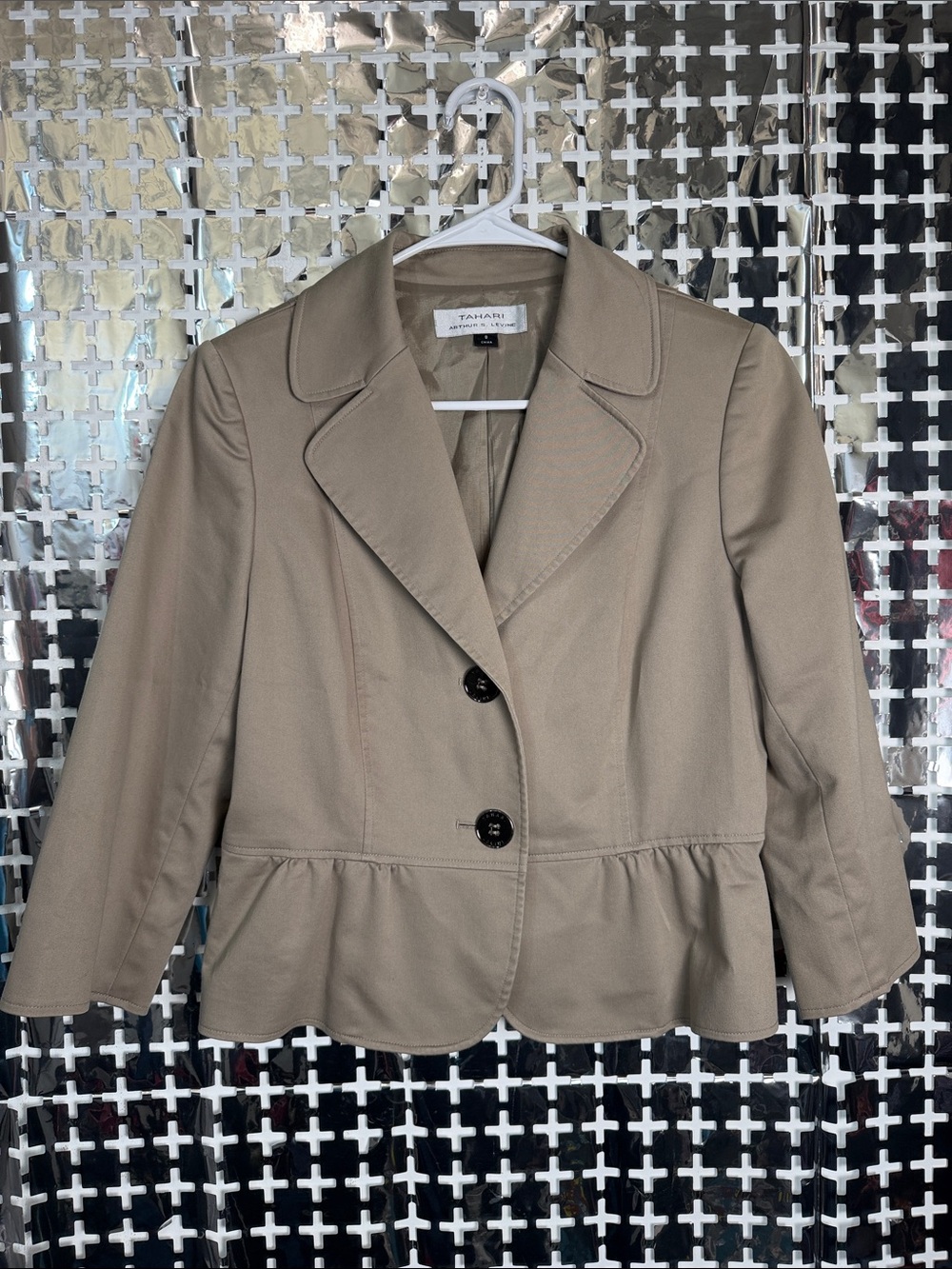 Tahari Taupe Peplum Blazer with Scalloped Hem
